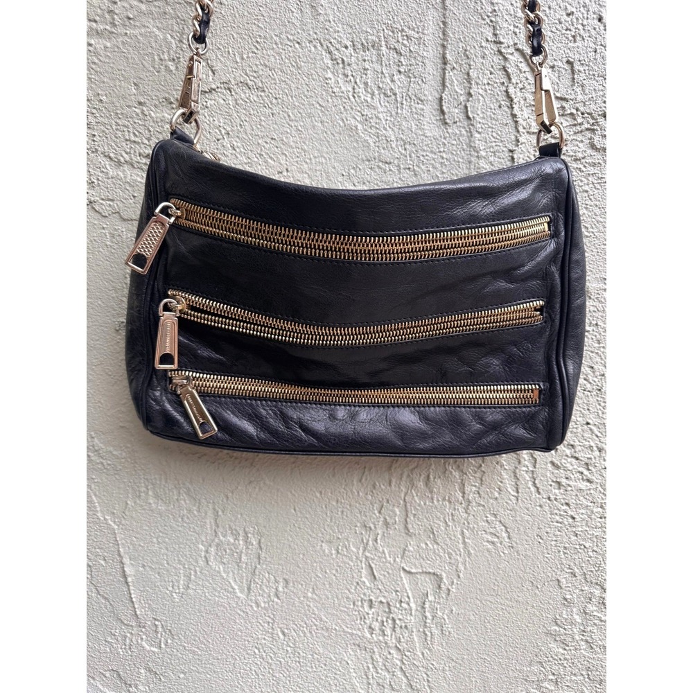 Rebecca Minkoff Black Leather Crossbody Bag Gold Designer Edgy Moto Streetwear
